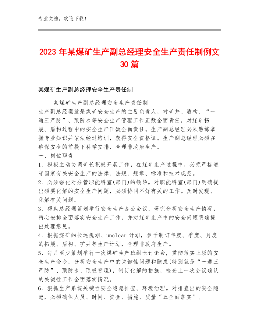 2023年某煤矿生产副总经理安全生产责任制例文30篇