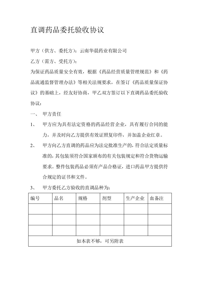 直调药品委托验收协议