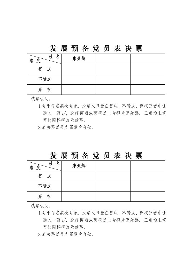 发展预备党员表决票党支部大会讨论接收预备党员投票情况汇总表