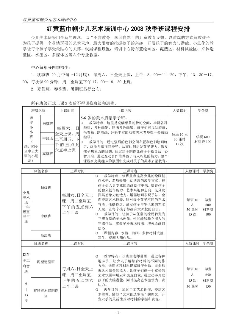 红黄蓝少儿美术培训基地课程安排