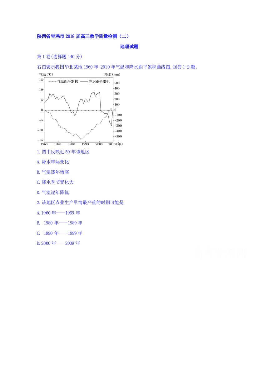 陕西省宝鸡市2018届高三教学质量检测(二)文综地理卷试题-含答案