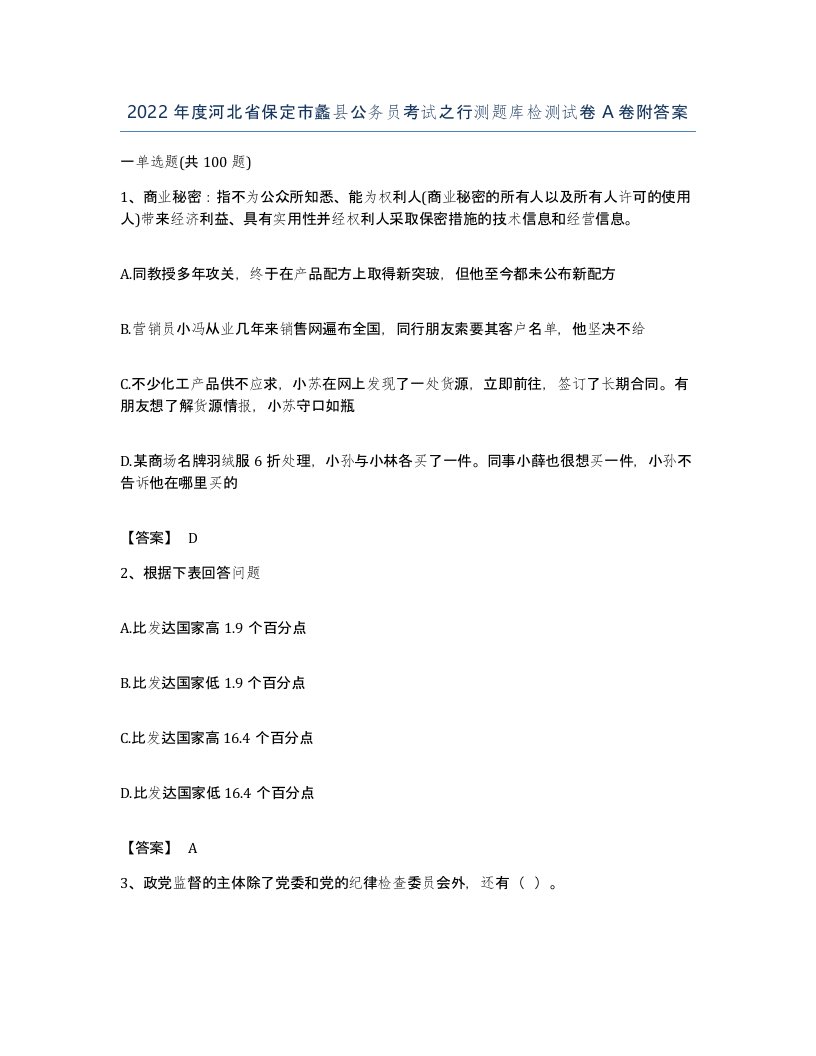 2022年度河北省保定市蠡县公务员考试之行测题库检测试卷A卷附答案