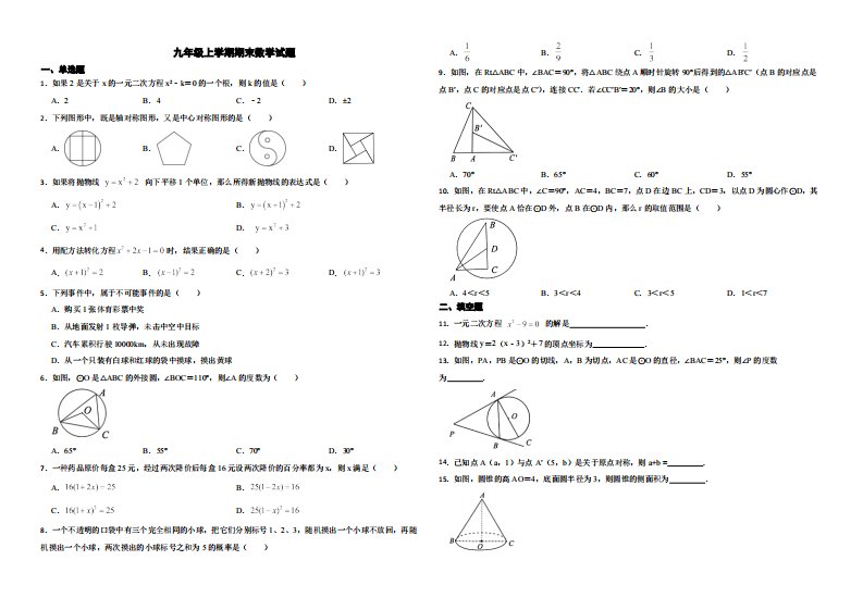 广东省广州市番禺区2022年九年级上学期期末数学试题（附解析）