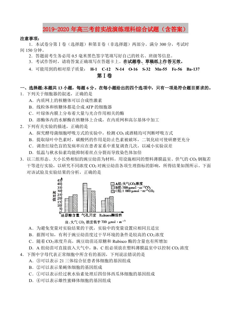 2019-2020年高三考前实战演练理科综合试题（含答案）