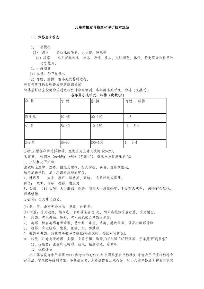 儿童体格发育检查和评价技术规范