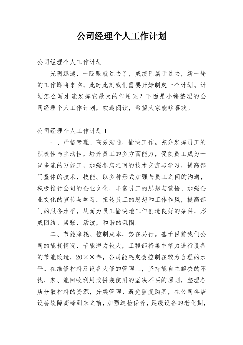 公司经理个人工作计划