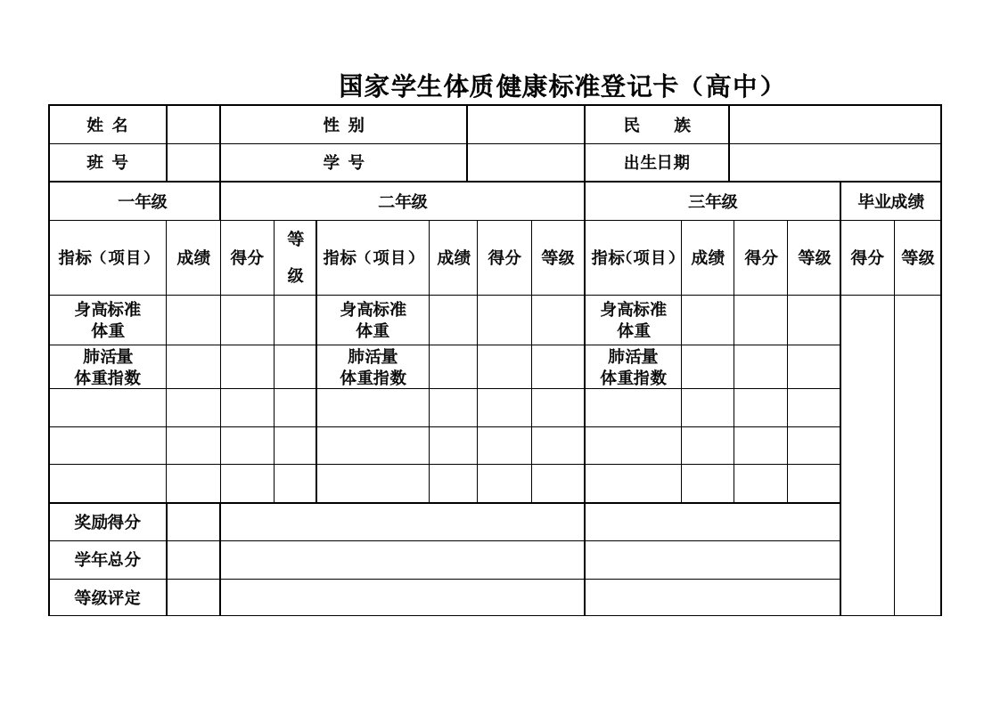 国家学生体质健康标准登记卡(高中样表)