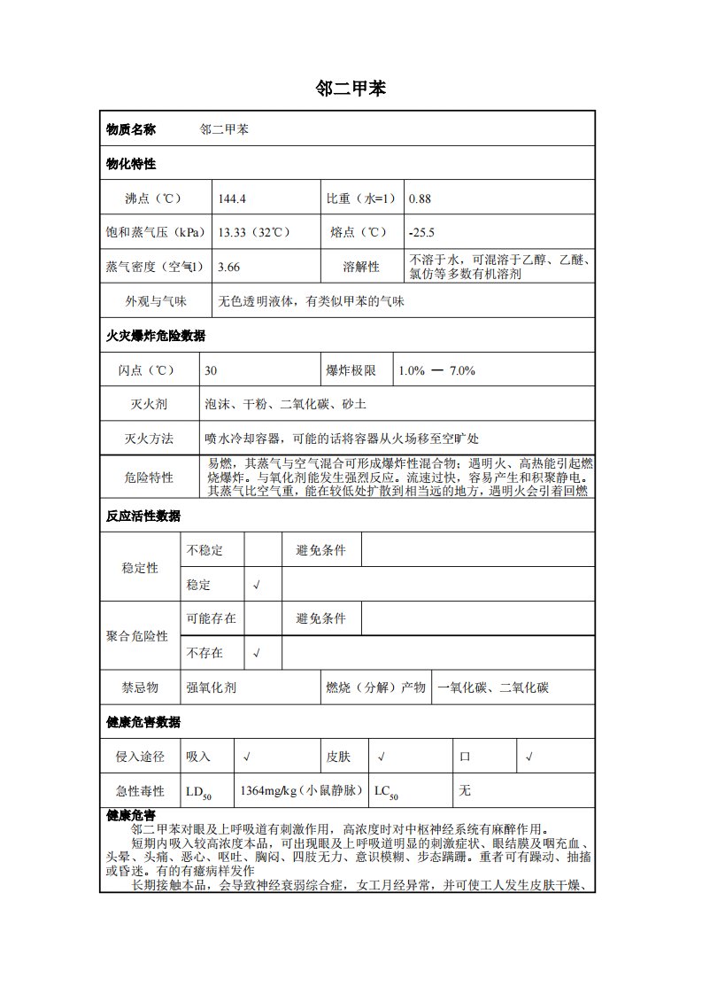 3危险化学品邻二甲苯的理化性质及危险特性表MSDS