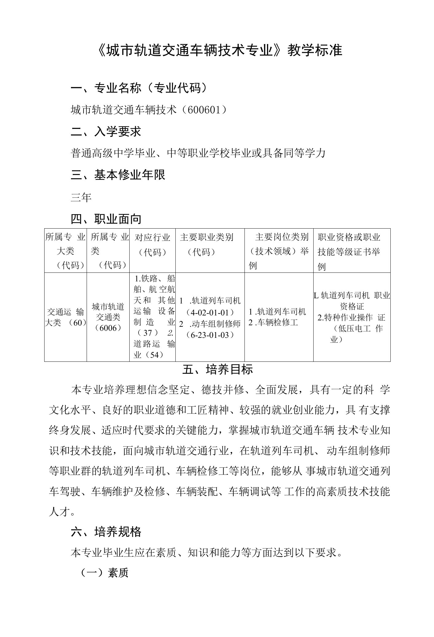 《城市轨道交通车辆技术专业》教学标准