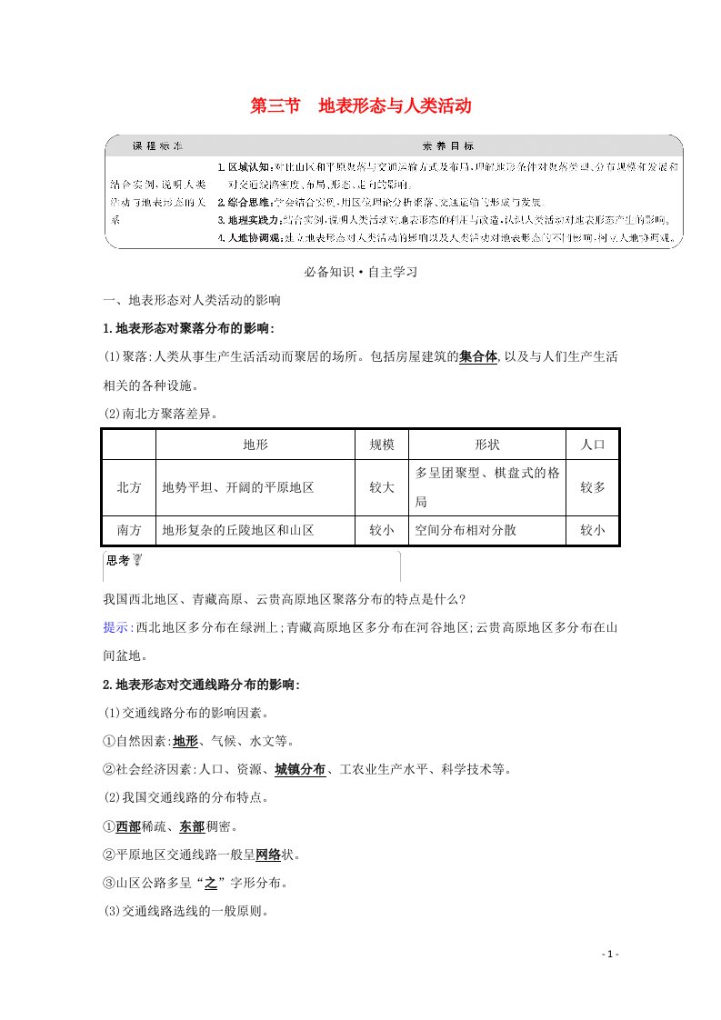 2020_2021学年新教材高中地理第二章岩石圈与地表形态第三节地表形态与人类活动学案湘教版选择性必修一2021060822