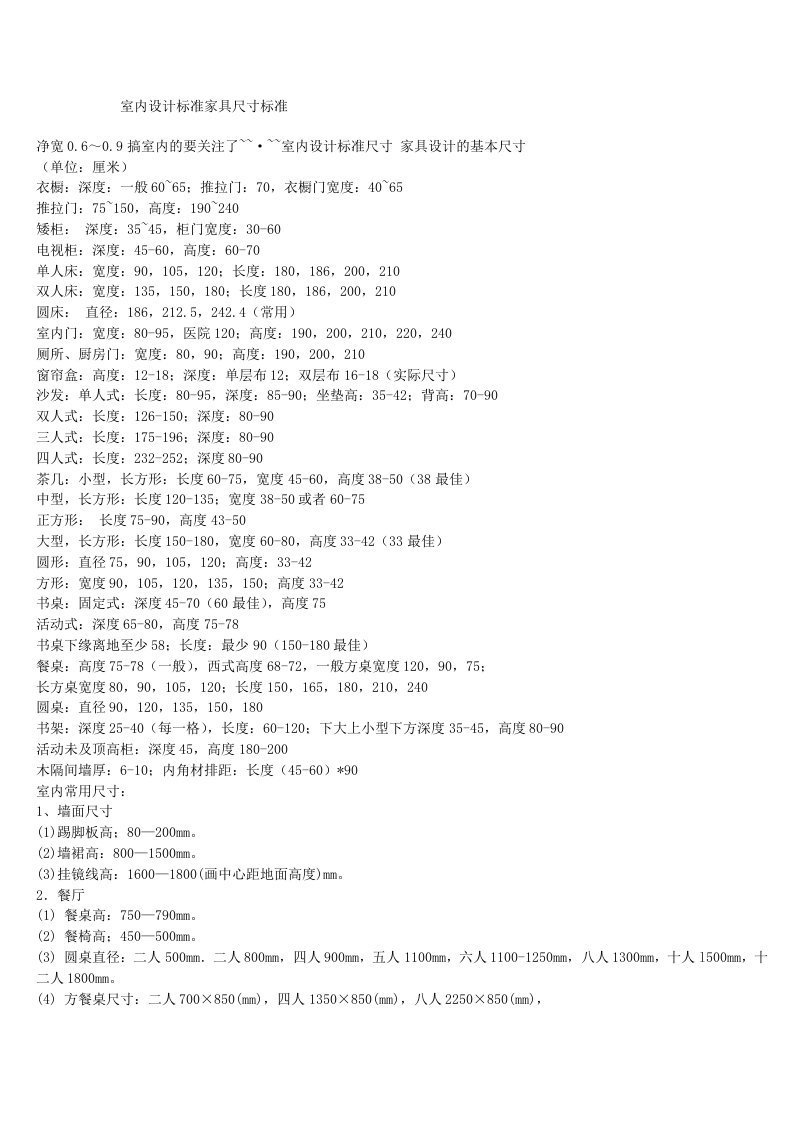 室内设计标准家具尺寸标准