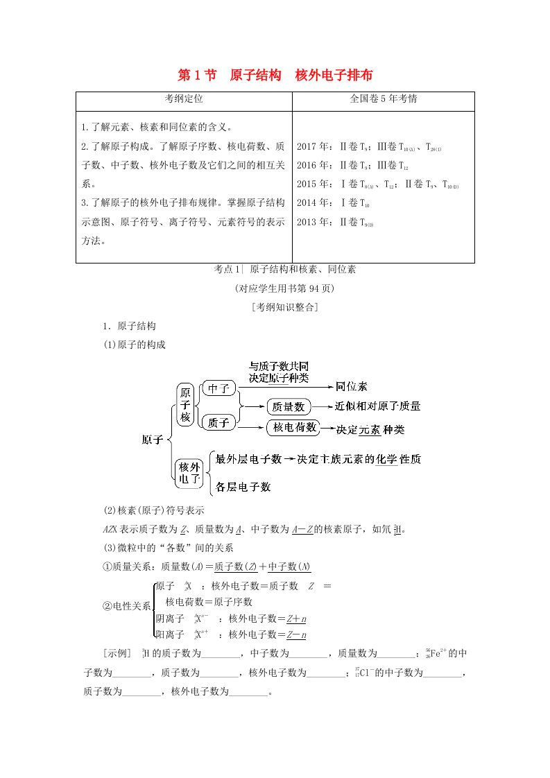 高考化学一轮复习第5章物质结构元素周期律第1节原子结构核外电子排布学案鲁科版