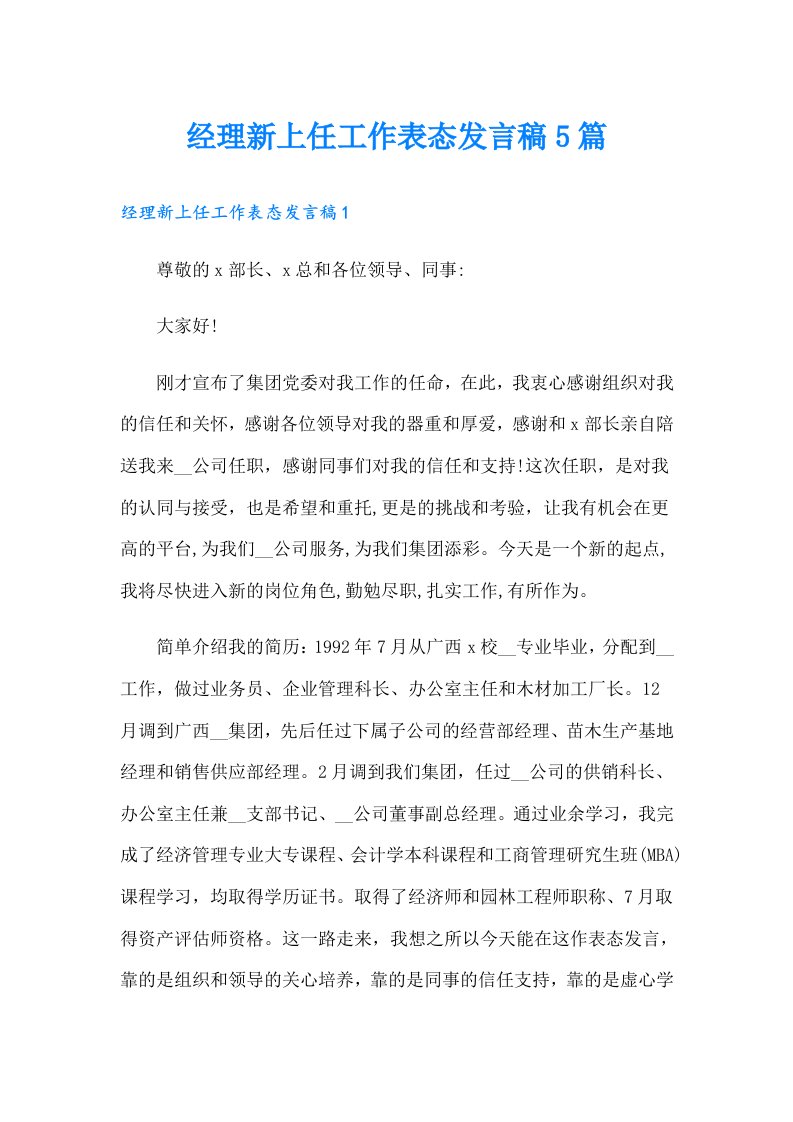 经理新上任工作表态发言稿5篇