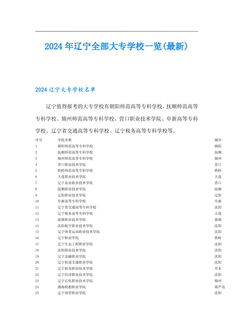 2024年辽宁全部大专学校一览(最新)