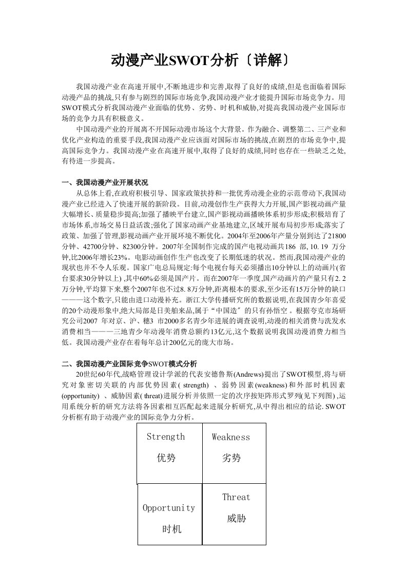 动漫产业SWOT分析(详解)