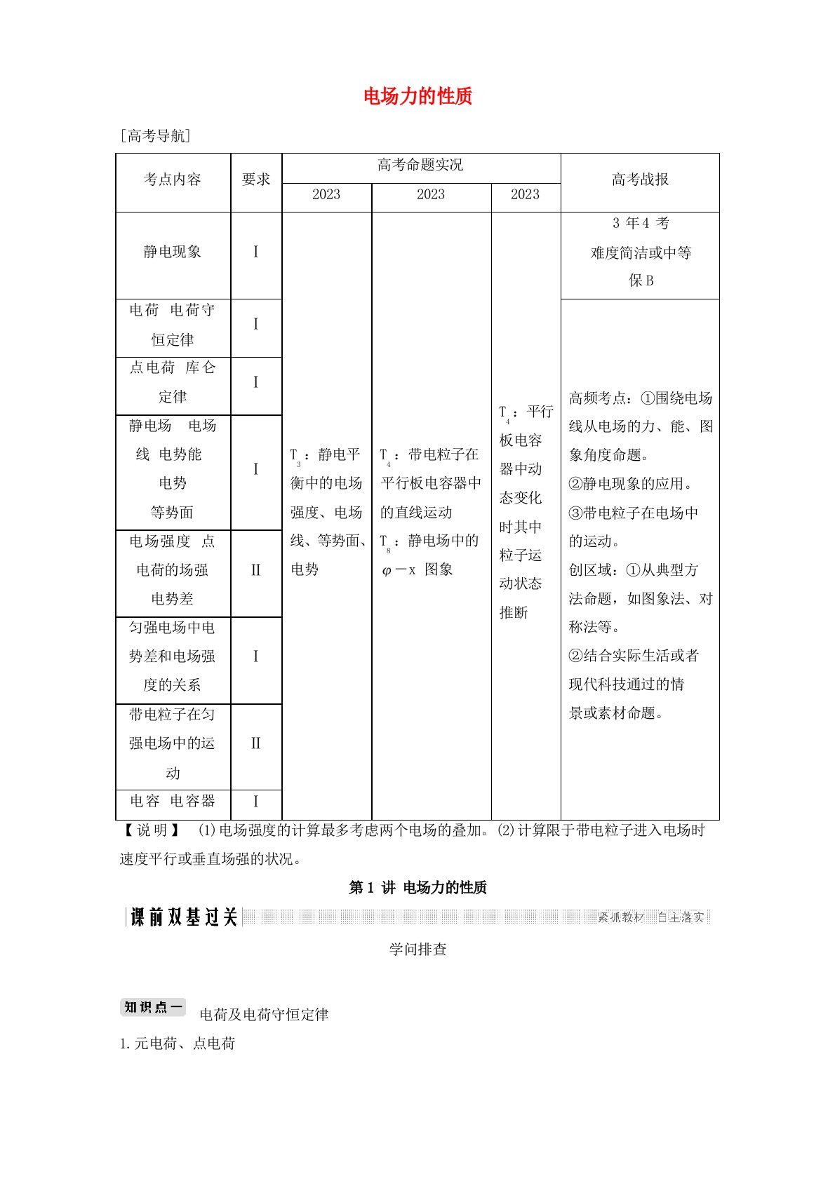 (江苏专用)2023年版高考物理总复习静电场第1讲电场力的性质教案