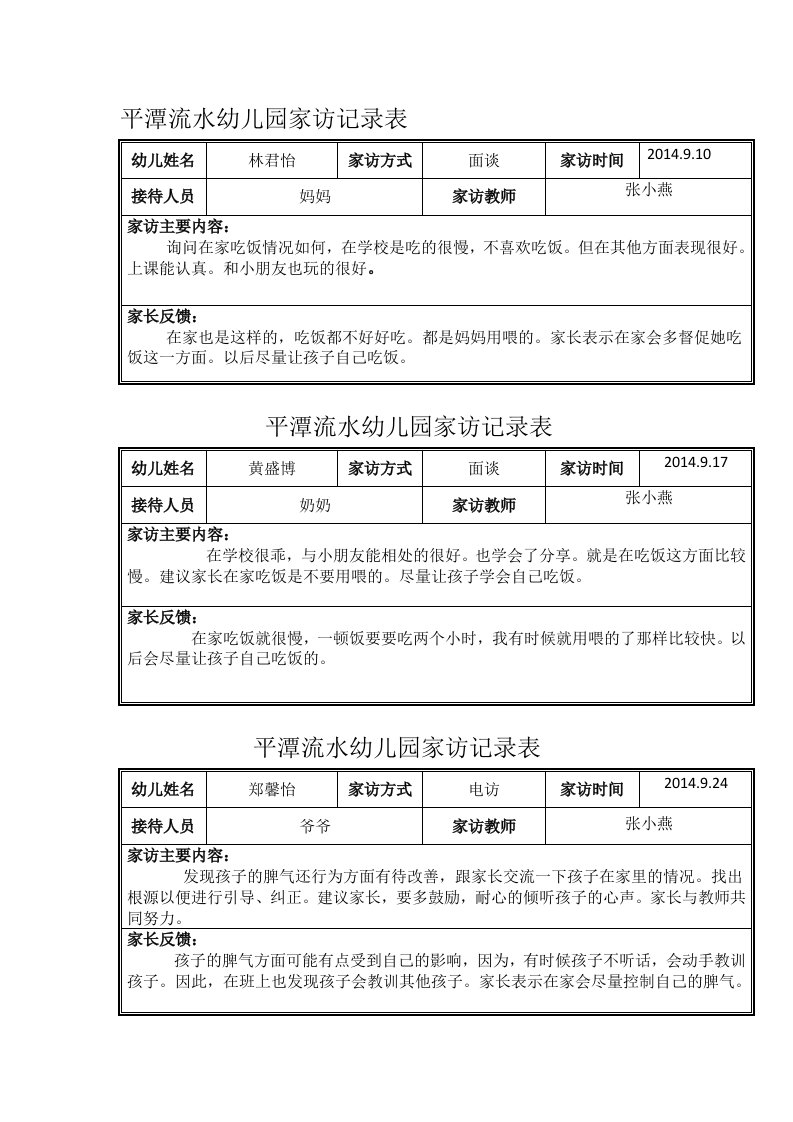 小班家访记录表