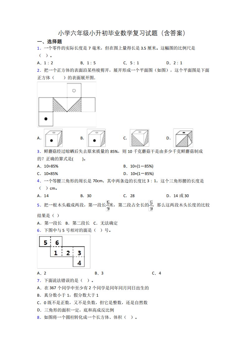 小学六年级小升初毕业数学复习试题(含答案)