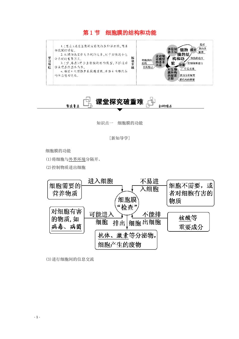 2020_2021学年新教材高中生物第3章细胞的基本结构第1节细胞膜的结构和功能学案新人教版必修1