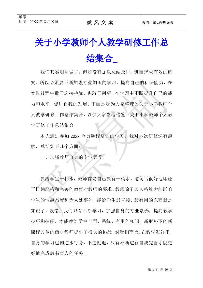 关于小学教师个人教学研修工作总结集合