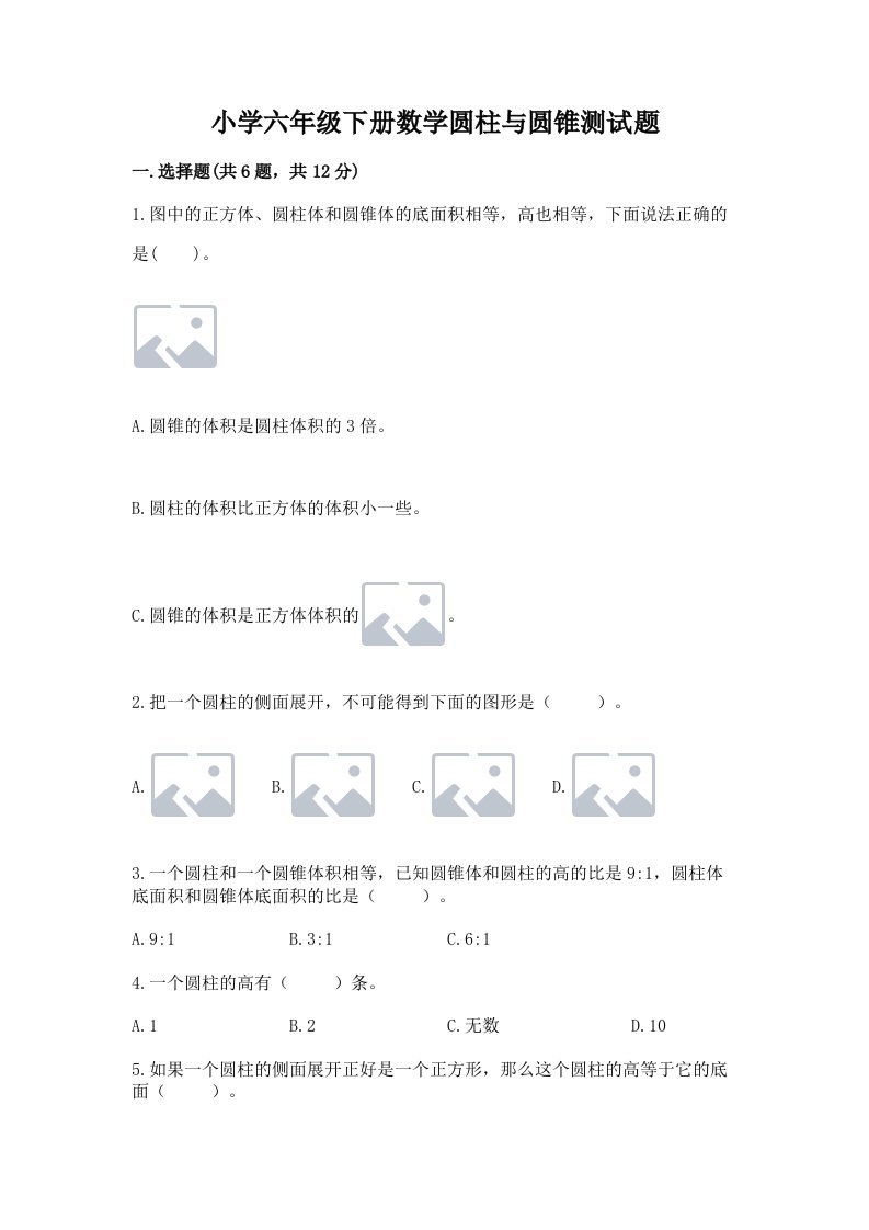 小学六年级下册数学圆柱与圆锥测试题带答案（精练）