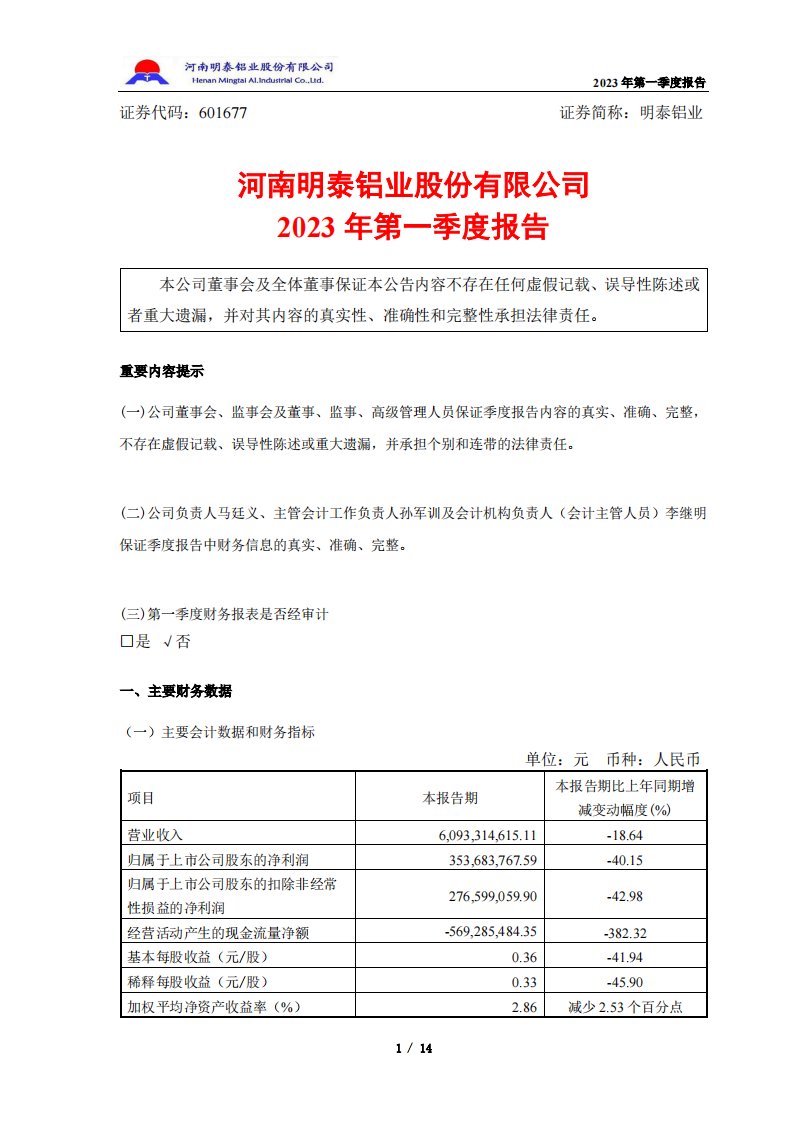 上交所-明泰铝业2023年第一季度报告-20230420