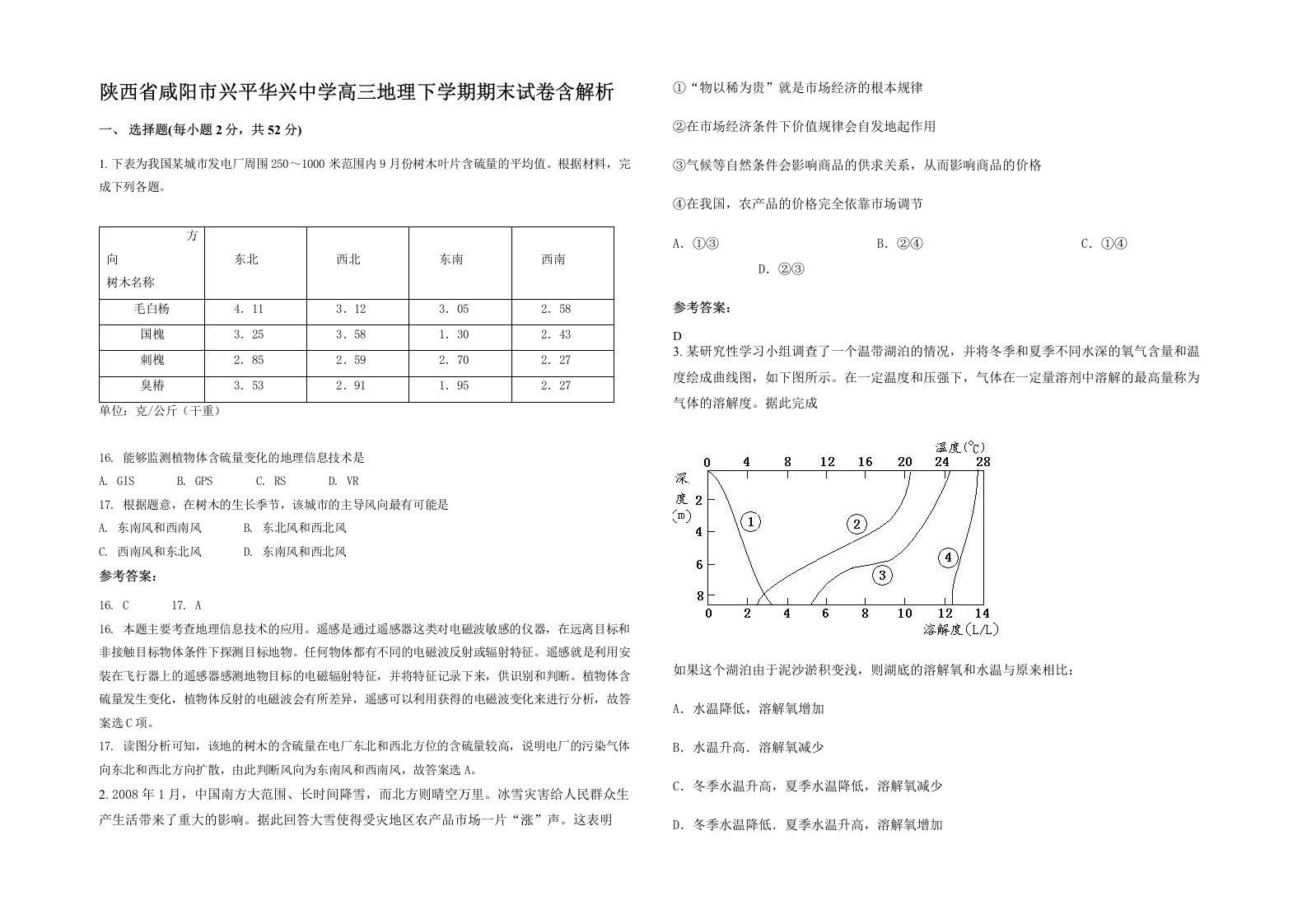 陕西省咸阳市兴平华兴中学高三地理下学期期末试卷含解析