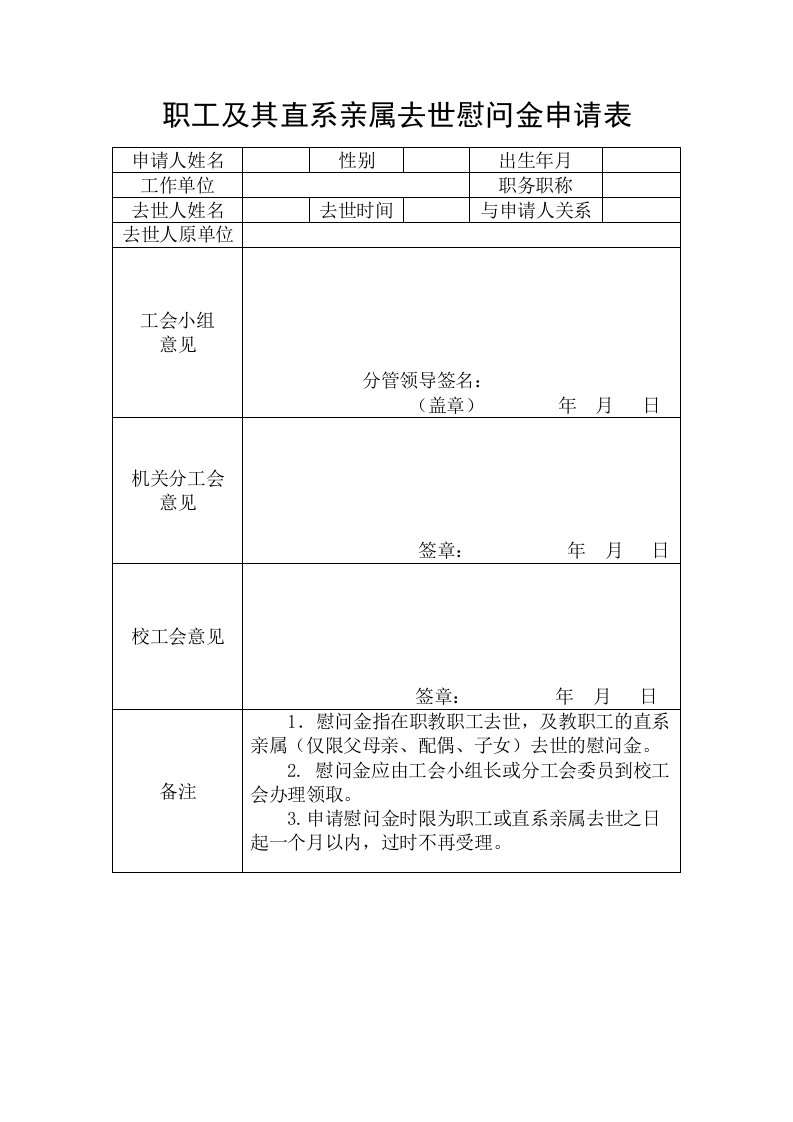 职工及其直系亲属去世慰问金申请表