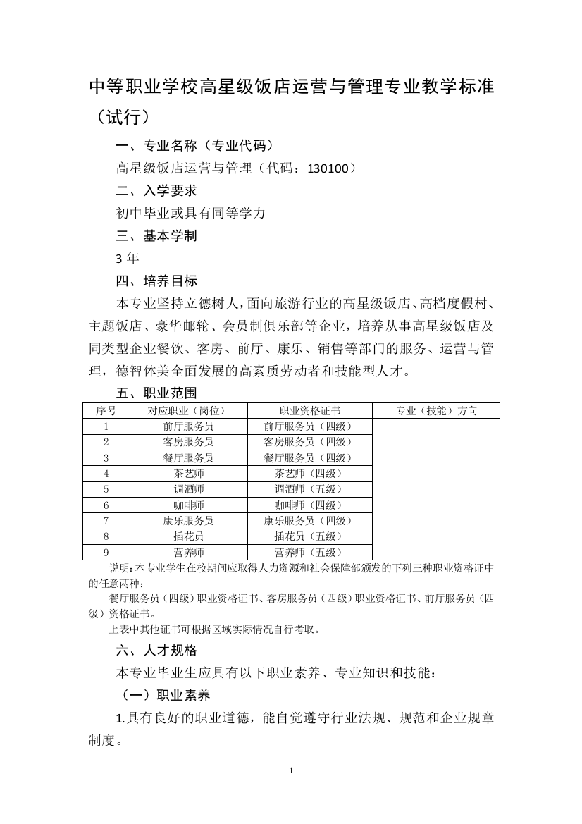 中等职业学校高星级饭店运营与管理专业教学标准(教育部)