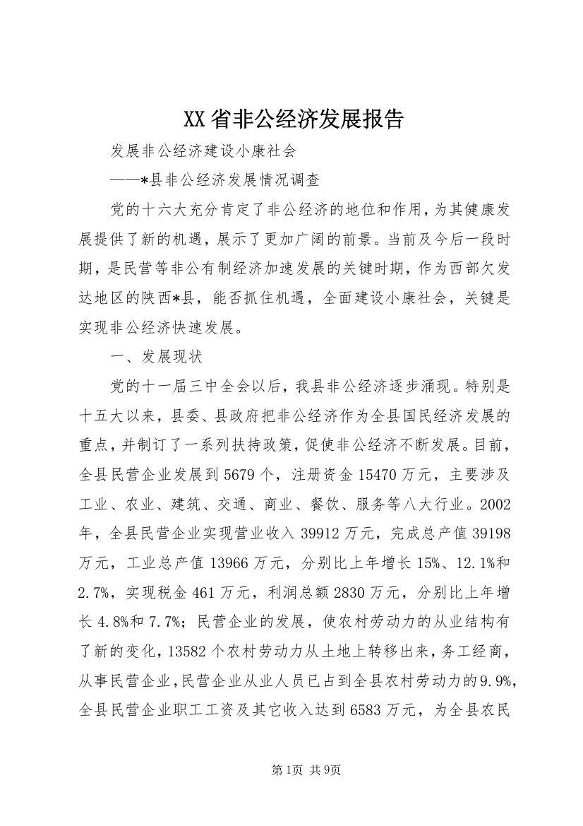 XX省非公经济发展报告