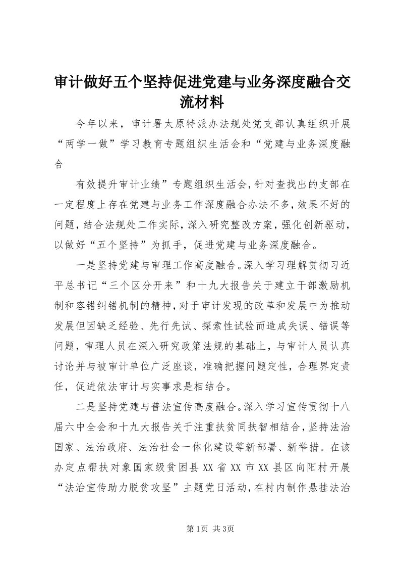 5审计做好五个坚持促进党建与业务深度融合交流材料