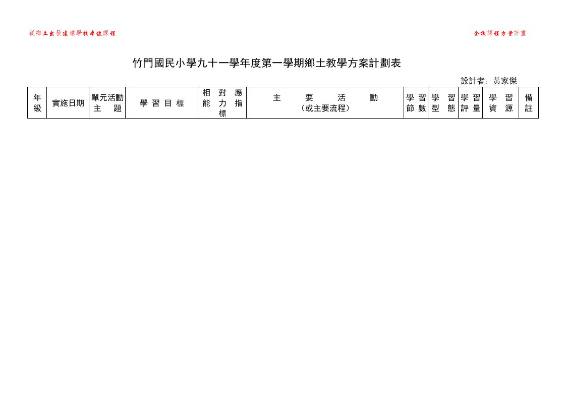 竹门国民小学九十一学年度第一学期乡土教学方案计划表