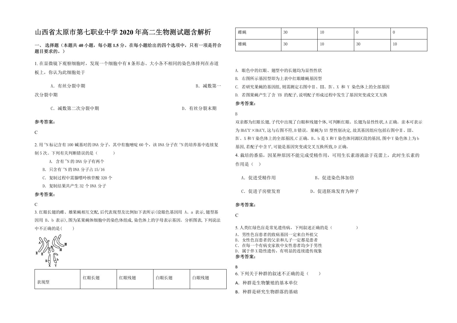 山西省太原市第七职业中学2020年高二生物测试题含解析