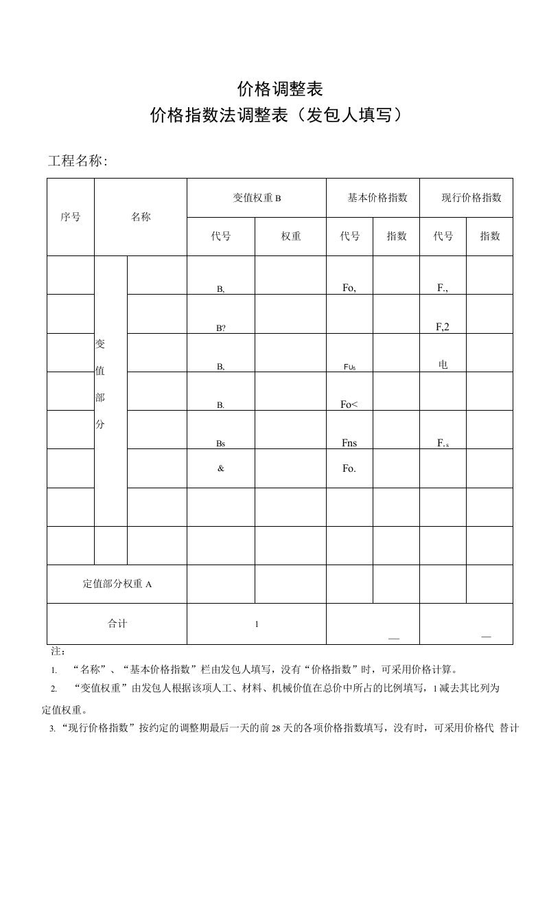 价格调整表价格指数法调整表（发包人填写）