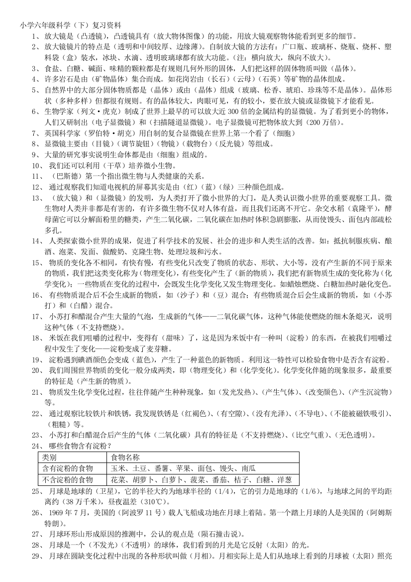 教科版小学六年级迷信下册总温习资料