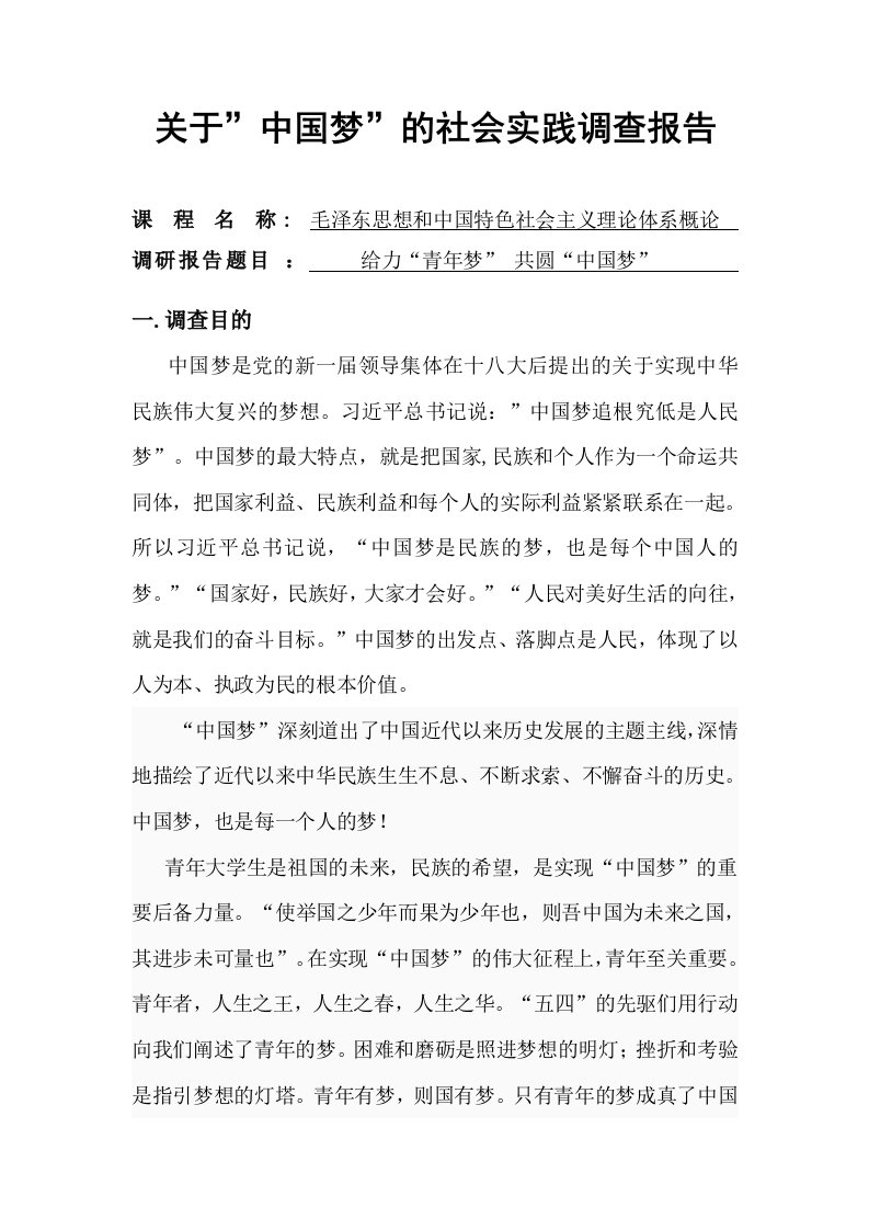 关于中国梦的社会实践调查报告