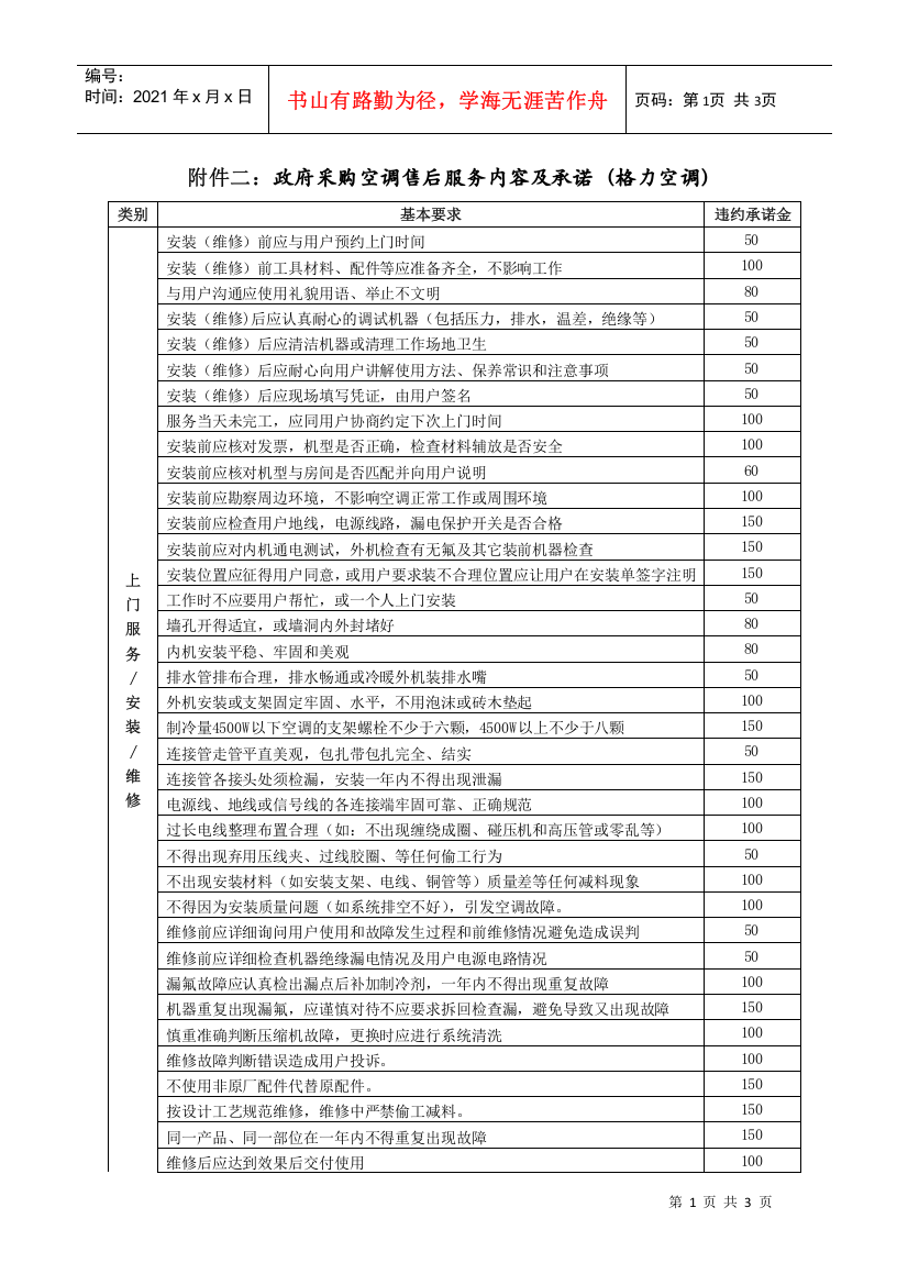 美的家用空调售后服务工作基本规范考核要求