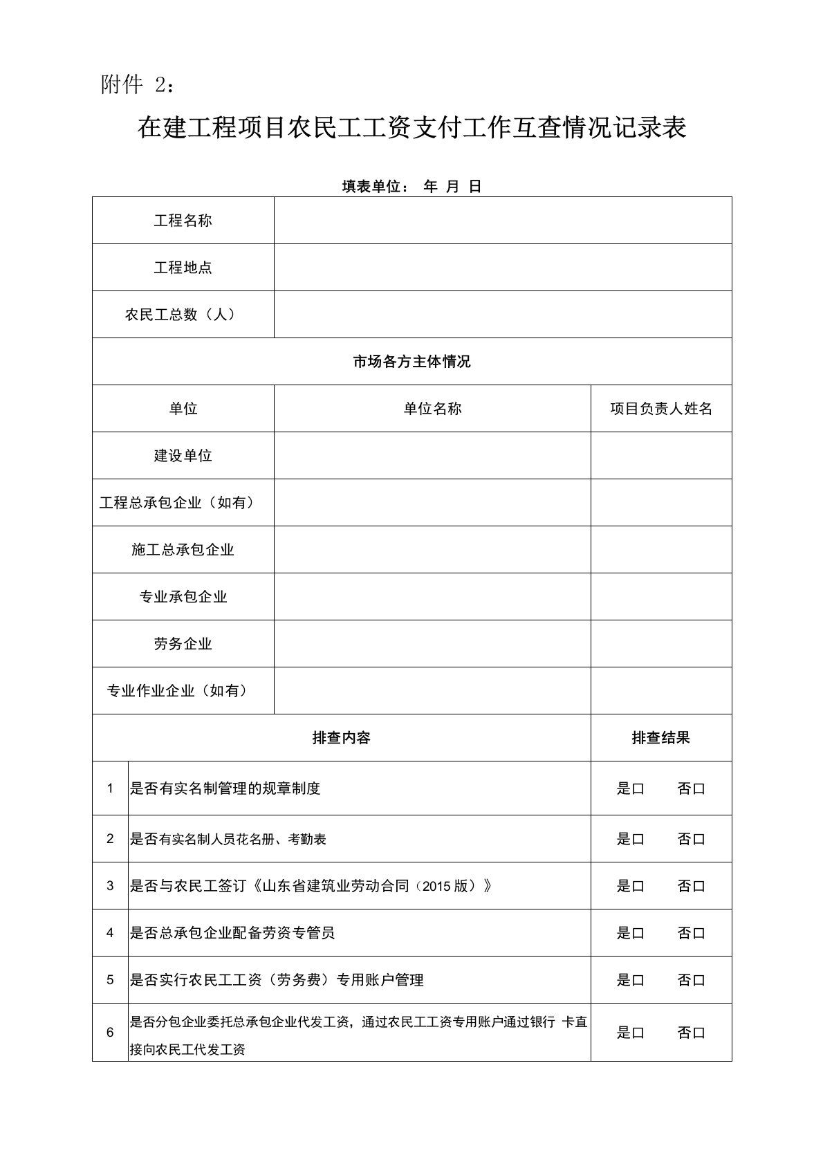 保障农民工工资支付工作互查情况记录表