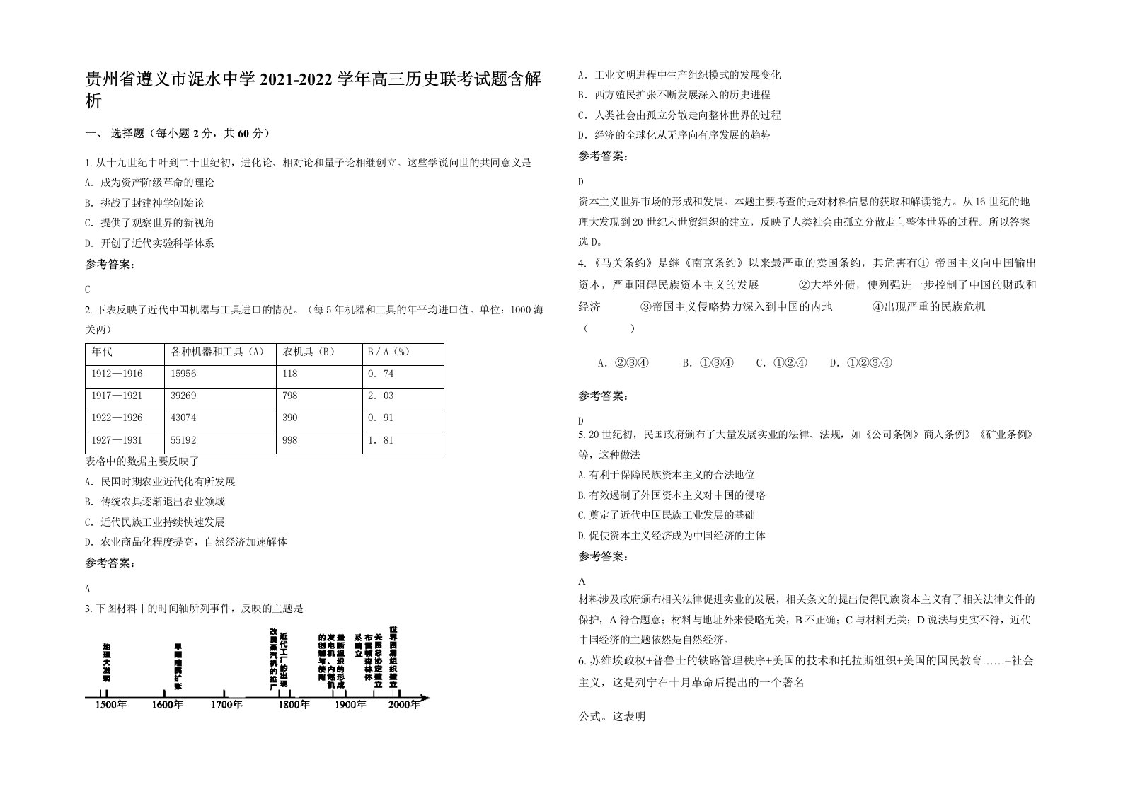 贵州省遵义市浞水中学2021-2022学年高三历史联考试题含解析