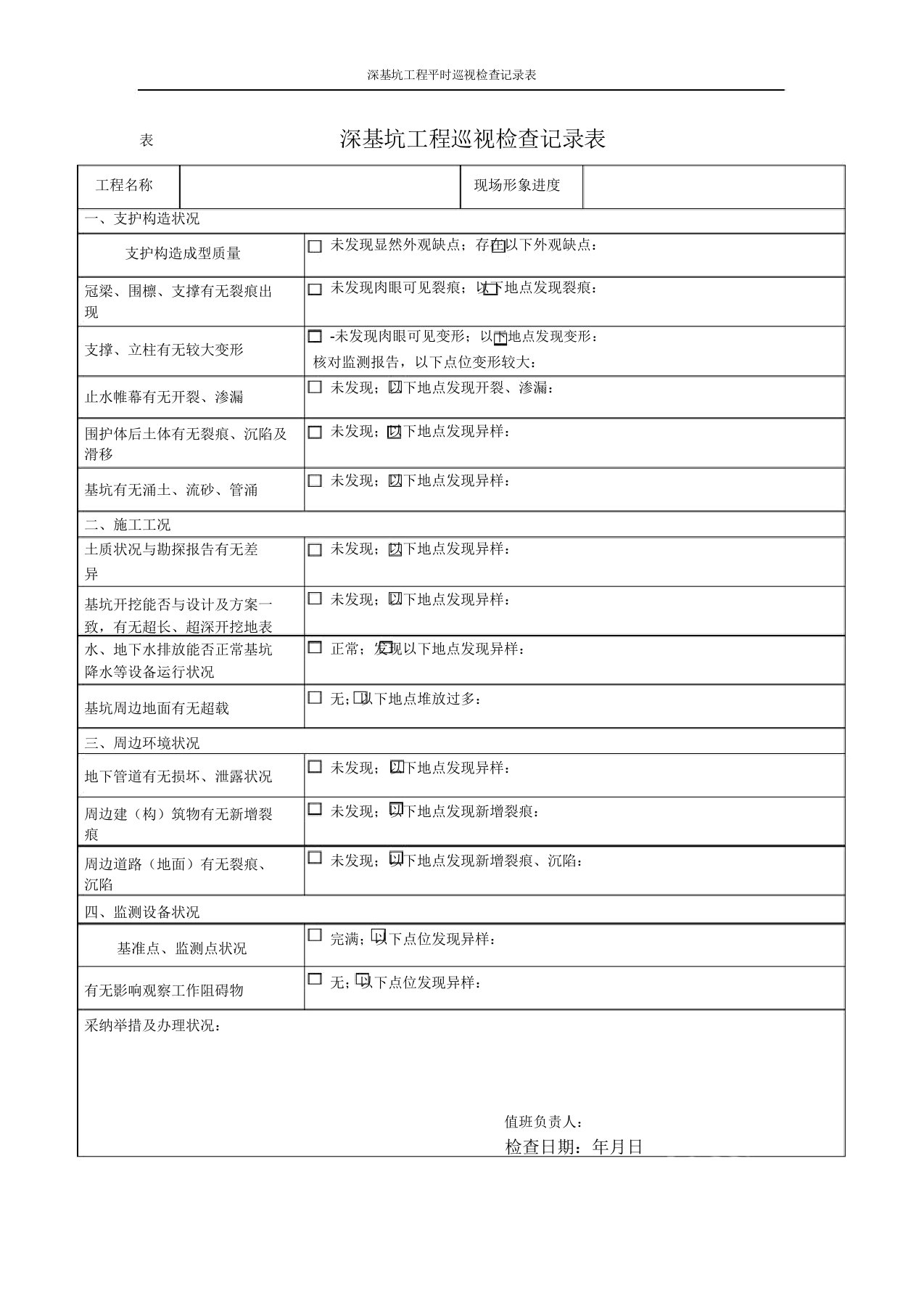 深基坑工程日常巡视检查记录表