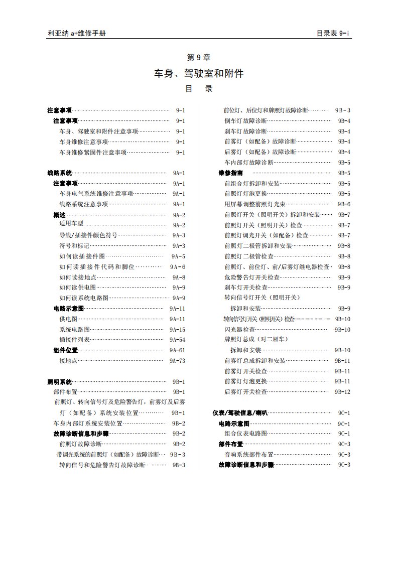 昌河利亚纳车身、驾驶室和附件维修手册