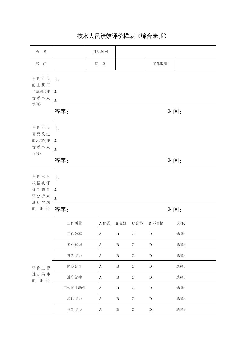 技术人员绩效评价样表（综合素质）