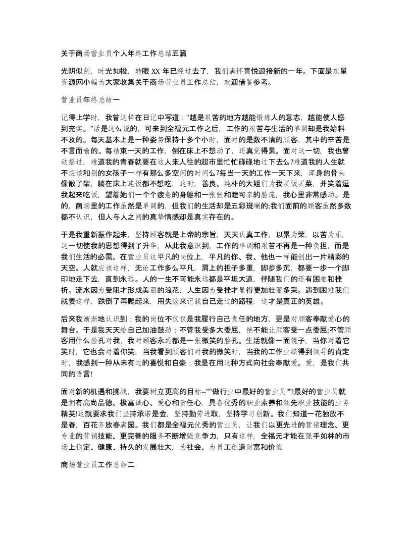 关于商场营业员个人年终工作总结五篇