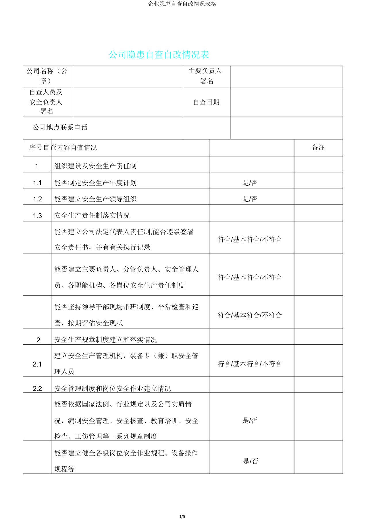 企业隐患自查自改情况表格