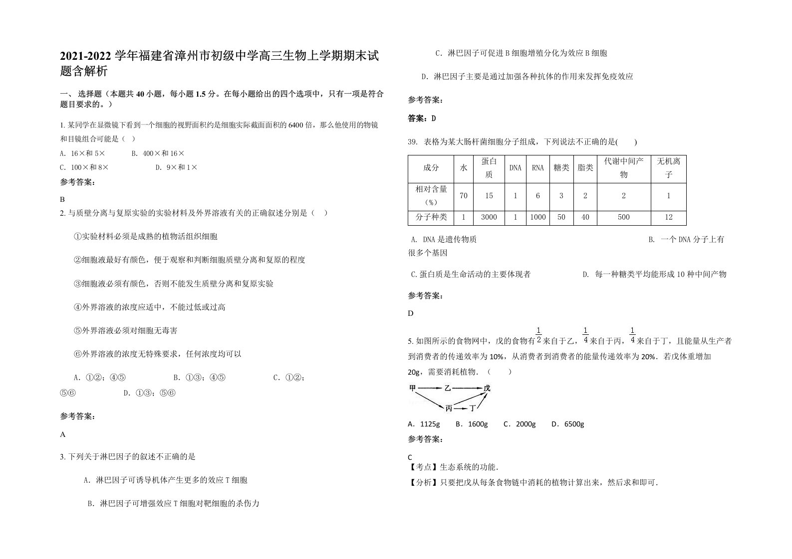 2021-2022学年福建省漳州市初级中学高三生物上学期期末试题含解析