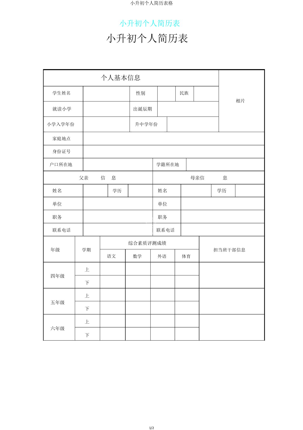 小升初个人简历表格