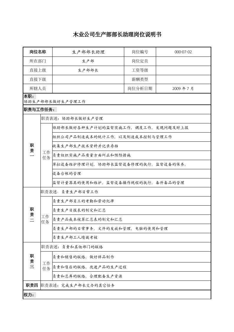 木业公司生产部部长助理岗位说明书