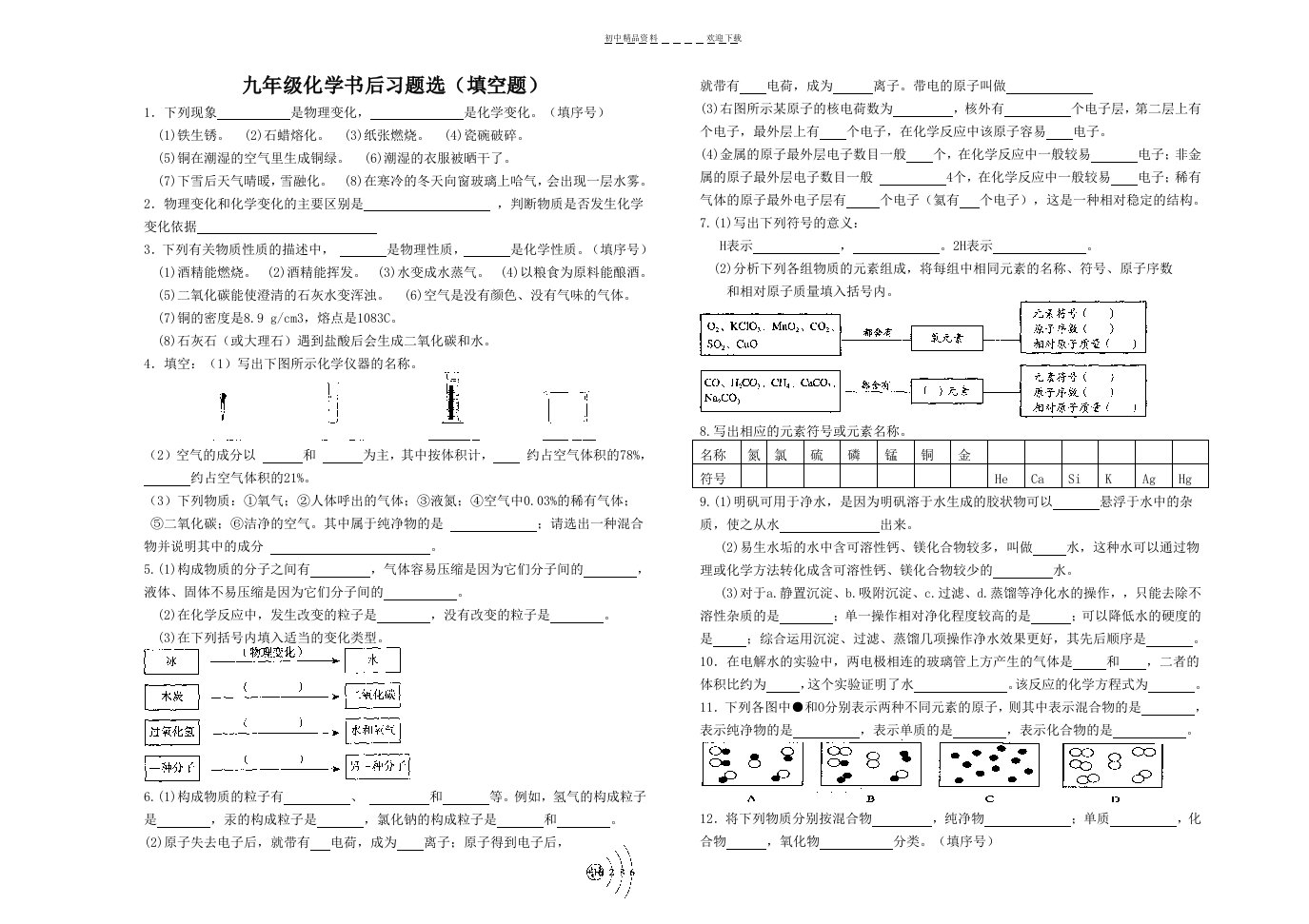 九年级化学书后习题(作业)分类汇编—填空题