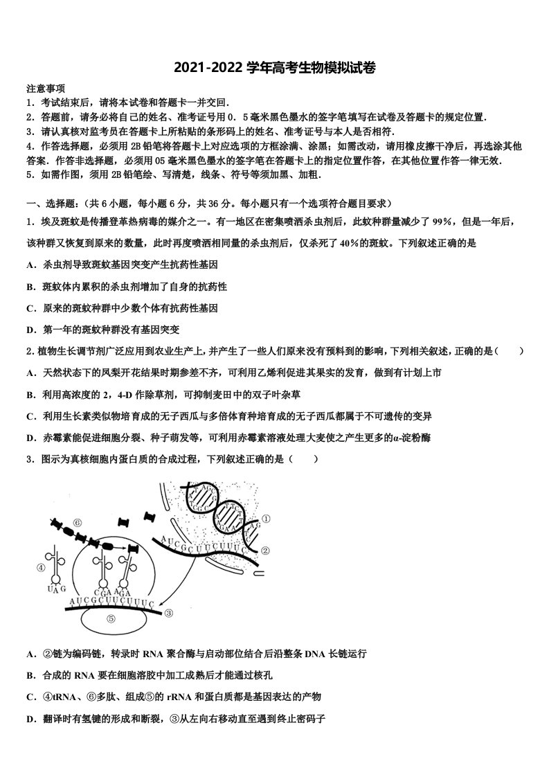 2021-2022学年河南平顶山舞钢一高高三六校第一次联考生物试卷含解析