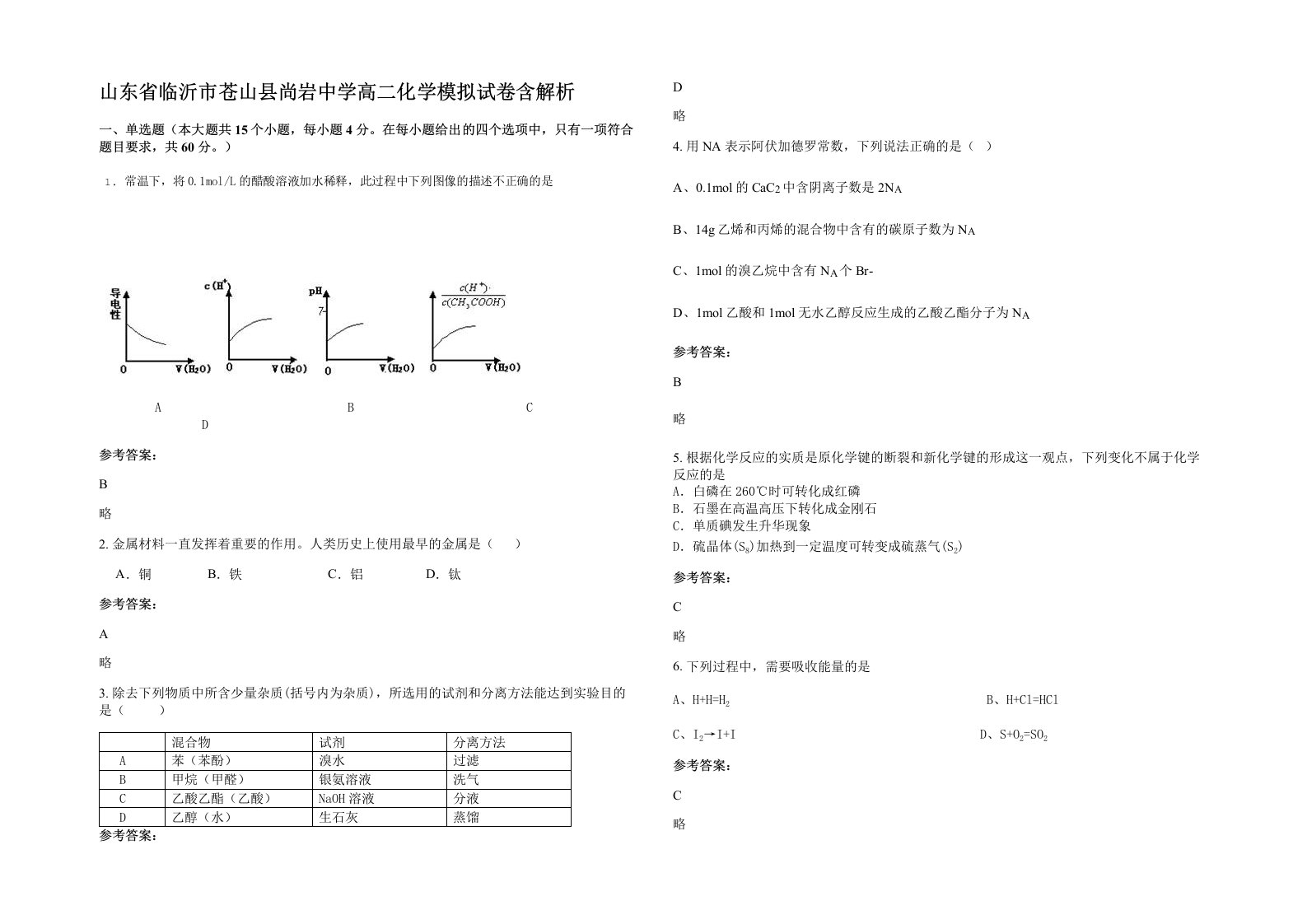 山东省临沂市苍山县尚岩中学高二化学模拟试卷含解析